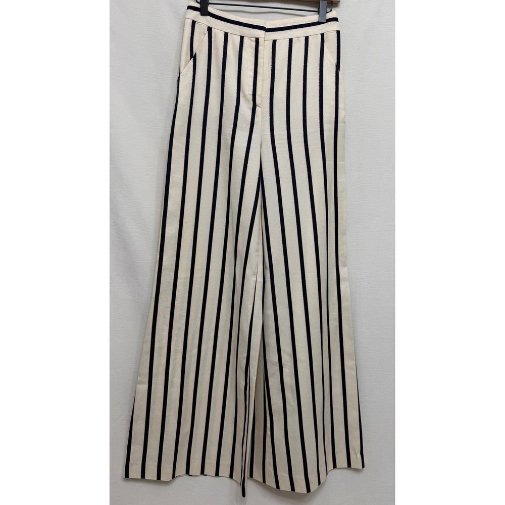 Veronica Beard Women's Pants Stripe Cotton Wide Leg Nautical Sailor Ivory Navy 2